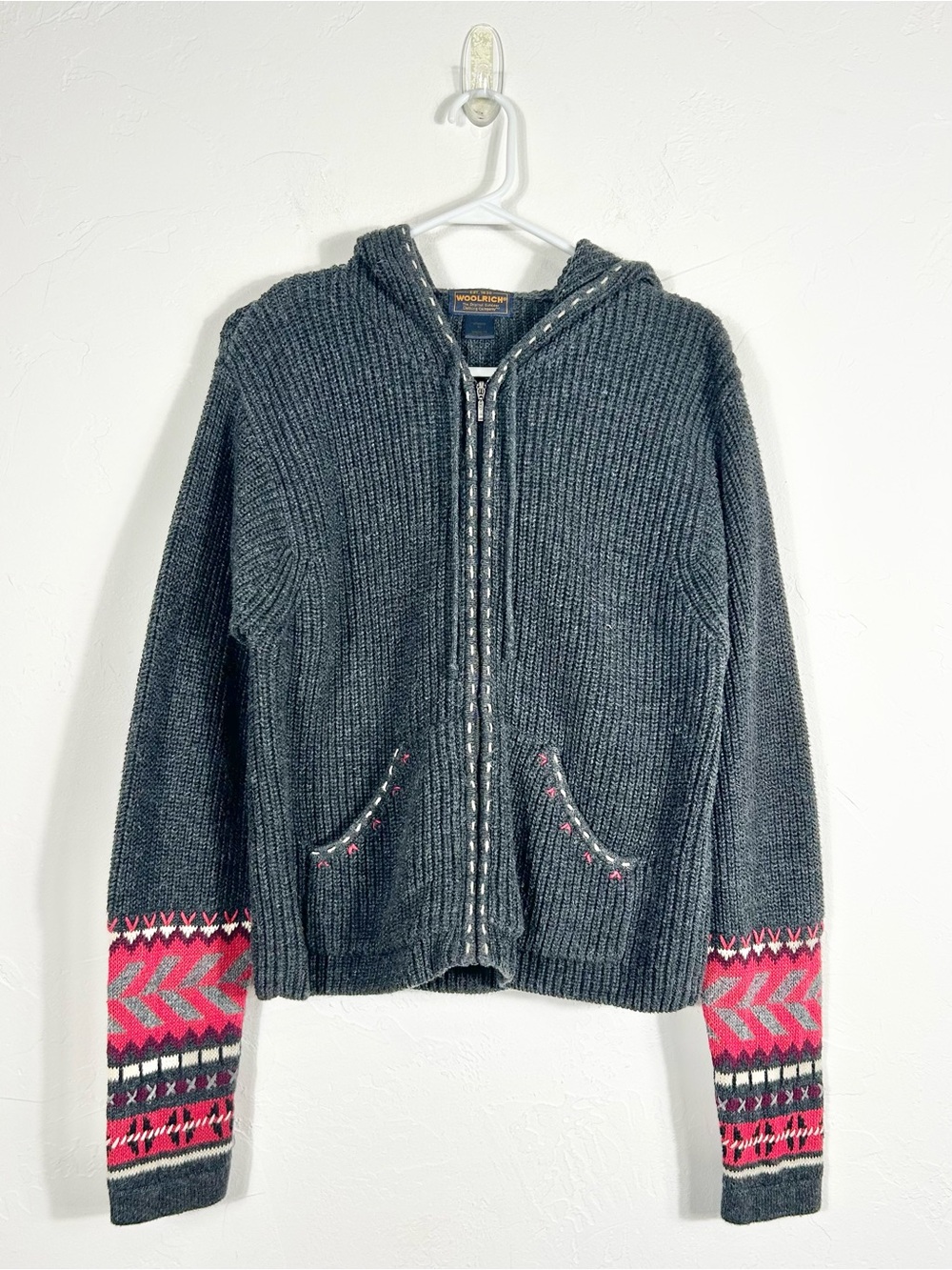 Woolrich Vintage Gray Ribbed Full Zip Hooded Sweater Fair Isle Sleeves Sz M